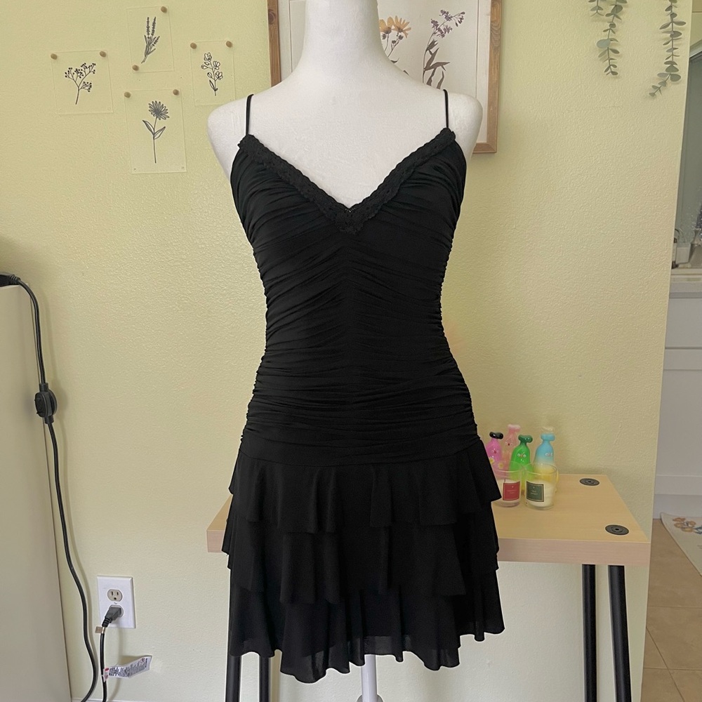 BCBGMaxAzria Black Ruched Tiered Mini Dress